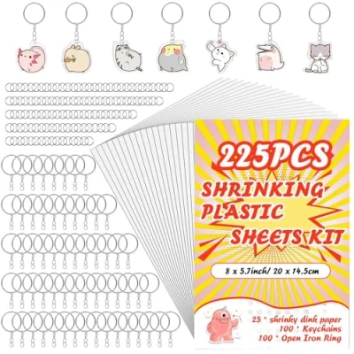 Imagen de WOOWAIR 225 Piezas Plastico Magico Shrink Plastic A5 Kit Hojas de Plástico Termocontraíble Incluye 25 Retractil, 100 Lazo Abiertos, Llaveros, para Manualidades DIY (20 x 14,5 cm