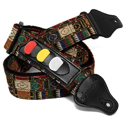 Imagen de World Rhythm WR 214 Correa de guitarra algodón con bordado estilo azteca para guitarras eléctricas, acústicas, clásicas y bajos soporte púas