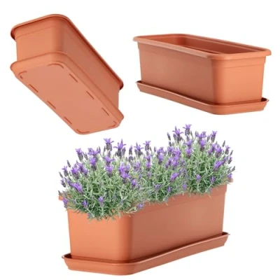 Imagen de KADAX jardinera con plato, de plástico para balcón, interiores y exteriores, maceta terraza, alféizar ventana (40 cm, terracota)