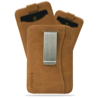 Imagen de AKIELO Tarjetero de Hombre Bloqueo RFID con Clip para Billetes y Caja Regalo Cartera Superdelgada Minimalista (Charlie Edición Marrón Claro Clip)