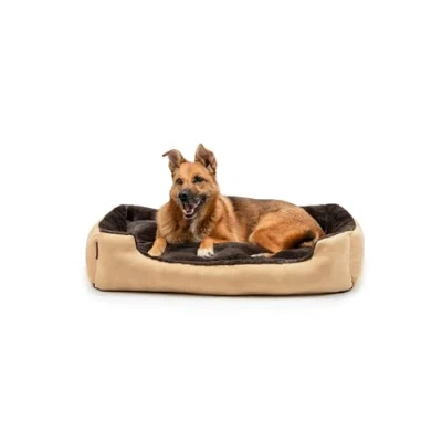 Imagen de lionto Cama para Perros con cojín Reversible y Base Antideslizante, Mascotas Entrada Baja Gatos, 90x70 cm, Acogedor, Beige/marrón
