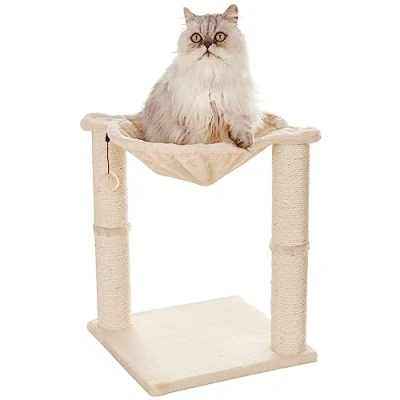Imagen de Amazon Basics Torre en árbol con cerramiento, hamaca, cama y poste rascador para gatos, 40,6x50,8x40,6 cm, beige