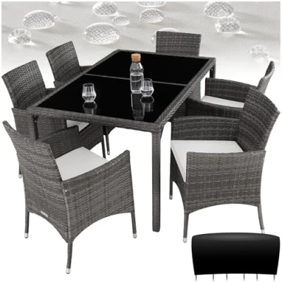 Imagen de TecTake® Conjunto Jardín Exterior de Ratán y Aluminio, Muebles Resistentes a Intemperie, para hasta 6 Personas, con Tornillos Acero INOX. Funda Protectora Gris