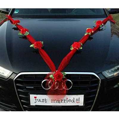 Imagen de Organza M Auto Schmuck Decoración de Tela con Rosas para Coche, Pareja Novios, Guirnalda Decorativa Bodas (Rojo/Rojo)