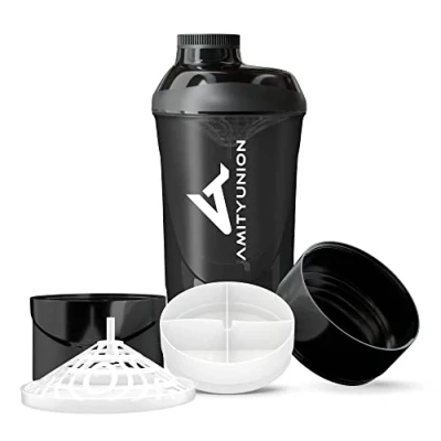 Imagen de AMITYUNION Shaker Deluxe proteína a prueba de fugas BPA libre y con la escala tamiz polvo suero cremoso sacude 700ml (negro ahumado cup)