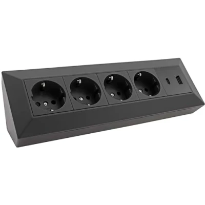 Imagen de Bloque de enchufes esquina, toma múltiple 4 vías, 230V, con USB A, C, PD, para oficina, cocina, taller, negro