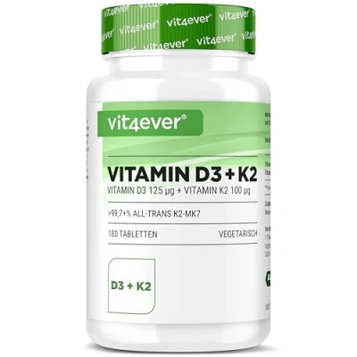 Imagen de vitamina D3 + K2 Depot 180 comprimidos Materia prima de primera calidad: 99,7+% All Trans (K2VITAL® Kappa) Con 5000 U.I. por comprimido Altamente dosificado