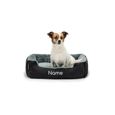 Imagen de lionto Cama para Perros con cojín Reversible y Base Antideslizante, Mascotas Entrada Baja Gatos, 60x48 cm, Acogedor, Negro/Gris (con Nombre Impreso)