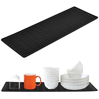 Imagen de 40.5x14.5cm Alfombrilla para Secar Platos Escurreplatos de Silicon Antideslizante Resistente al Calor Vajilla, Botellas,Negro