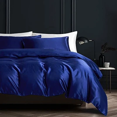 Imagen de Gezu Juego de funda nórdica (140 x 200 cm, satén, color azul liso, seda, suave, con 1 almohada 65 cremallera