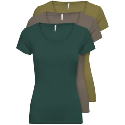 Imagen de ONLY 15209153 Paquete de 3 camisetas para mujer, color negro o blanco, básicas verano, manga corta, largas, en las tallas XS, S, M, L, XL, XL