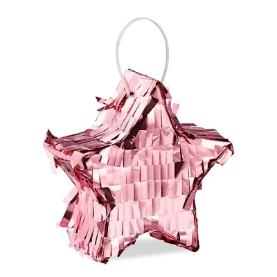 Imagen de Relaxdays Mini Piñata Estrella, para Rellenar, Papel Metálico, Cumpleaños o Fiestas, Colgante, 12 x 4 cm, Rosa, Cartón