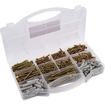Imagen de Connex DP8500133 Surtido de tornillos y tacos universales (580 piezas, varios tamaños, cabeza avellanada, TX Torx, rosca completa, galvanizados/juego con tacos/caja surtida