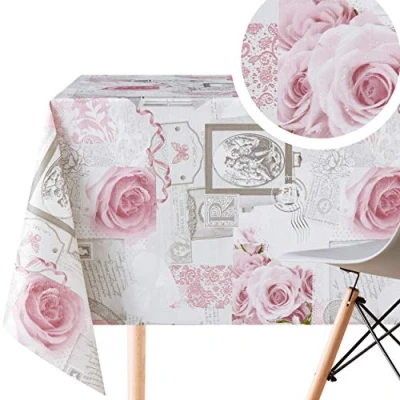 Imagen de Elegante Shabby Chic Estilo Mantel PVC Gris Retro Hule 200x140 con Pastel Rosado Rosas Flores Fácil de Limpiar Mesa Rectangular Plastificado Hules Para Mesas