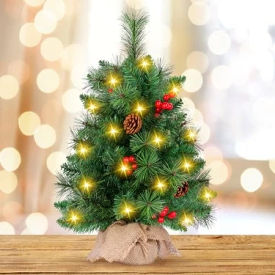 Imagen de Mini Arbol de Navidad, 55 CM Árboles Navidad con Luces Led, Árbol Escritorio Piñas y Frutos Rojos, Pequeño para Decoración Navideña En Casa, Oficina
