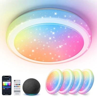 Imagen de Aigostar Mesh Plafon LED Techo Bluetooth Mesh, Φ39CM, 24W, 2650LM, 3000K 6500K y RGB regulable, IP44, Plafón Inteligente Compatible con Alexa, Lampara para Salón/Dormitorio/Cocina, 4Uds