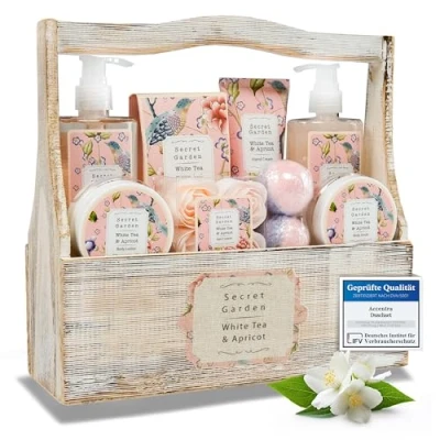 Imagen de Accentra Set de ducha para mujer en una caja madera rústica, cuidado 8 piezas con gel ducha, loción corporal, aditivos baño, exfoliante &amp; Crema manos regalo