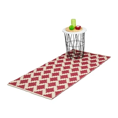 Imagen de Relaxdays Läufer Baumwolle 70 x 140 cm Alfombra de Pasillo con Rombos, Algodón, 70x140 cm, Antideslizante, Tejida a Mano, para Cocina, Rojo
