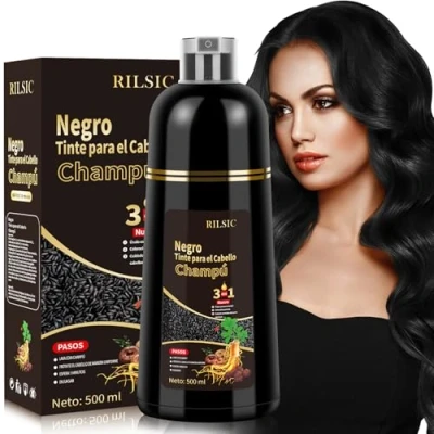 Imagen de Champú Tinte Negro Cubre Canas, 500ML Black Hair Dye Shampoo 3 En 1, Champu Canas Mujer Hombre, de Color Pelo, Pelo instantáneo, Minutos para Hombre