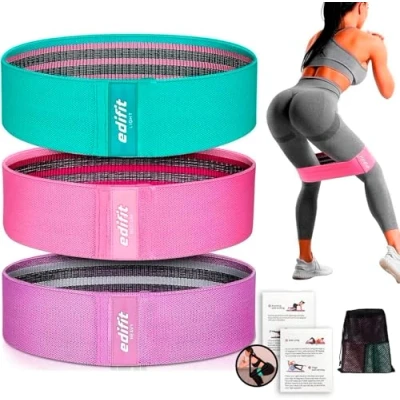 Imagen de Edifit, Bandas Elasticas Musculacion, Cintas con 3 Niveles de Resistencia, Fitness, Gomas Antideslizantes Gimnasio, Pack 3, Gym, Crossfit, Pilates o Ejercio en Casa (Morado, Rosa y Verde)