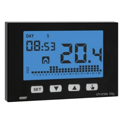 Imagen de VEMER VE728200 Termostato de Ambiente Pared para Calefacción y Aire Acondicionado, Pantalla LCD, Teclado 4 Teclas, Programación Semanal, Alimentación 230V, Negro
