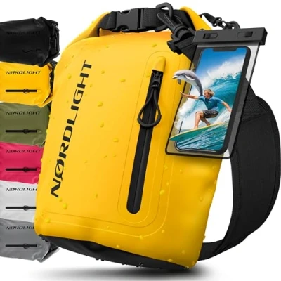 Imagen de Nordlight Bolsa Estanca Impermeable + Funda para Móvil, Cierre Enrollable, Correa Hombro Drybag Mochila Saco Estanco de Transporte Náutica Playa Sup Amarillo, 5 litros