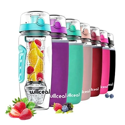 Imagen de willceal Infusor de Frutas Botella Agua 32 oz,Durable con Bola Gel Hielo Desmontable, Grande Tritan Libre BPA, Tapa abatible, diseño a Prueba Fugas Deportes, Camping (Trullo)