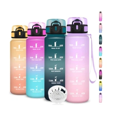 Imagen de Botella Agua 1 Litro, Gimnasio con Filtro, Fácil de Transportar, Cantimplora Infantil Motivacional Marca Tiempo, a Prueba Fugas, para la Bicicleta, Oficina, Deportes, Camping