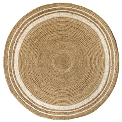 Imagen de HAMID Alfombra Yute Alhambra Color Natural Greca Blanca Redonda, 100% Fibra de Yute, Tejida a Mano, Salón, Dormitorio, Pasillo, (200x200cm)