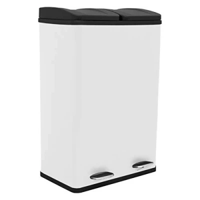 Imagen de Cubo Basura Blanco Doble de Acero Inoxidable con Pedal 60L para Reciclaje y Residuos Generales Dos Compartimentos Extraíbles Mangos Integrados Base Goma Antideslizante Paño Microfibra GRATIS