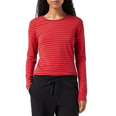 Imagen de Amazon Essentials Camiseta de Cuello Caja, Manga Larga y Ajuste Clásico (Disponible en Tallas Grandes) Mujer, Burdeos Rojo Rayas, XXL