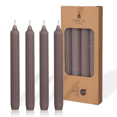 Imagen de COMFORDER Juego de 4 velas mesa monocromáticas + acanaladas, 20 cm, 7 horas combustión, sin perfume (taupe)