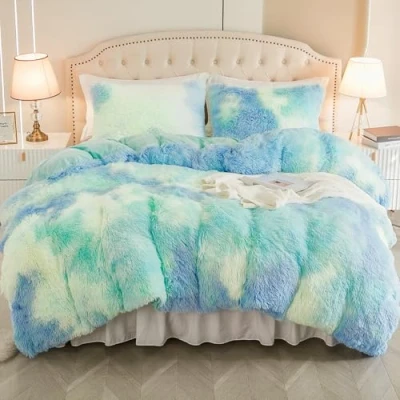 Imagen de EMME juego de ropa cama felpa 135 x 200 cm, franela mullida, para y suave 1 funda almohada 80 color azul verde