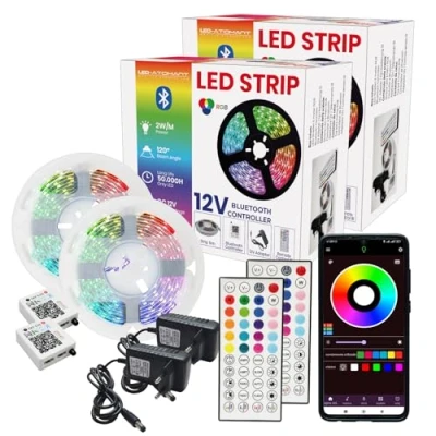 Imagen de LED ATOMANT Pack 2x Tira Bluetooth de 5 Metros, Luz RGB a 12V, 16 Millones Colores, Sincronizacion Musical y Modos Dinamicos, Control App Mando