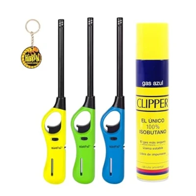 Imagen de Clipper 3 Encendedores Cocina Barbacoa + 1 Botella Gas Azul 300 ml Llavero, Sirve para Recargar Soplete de