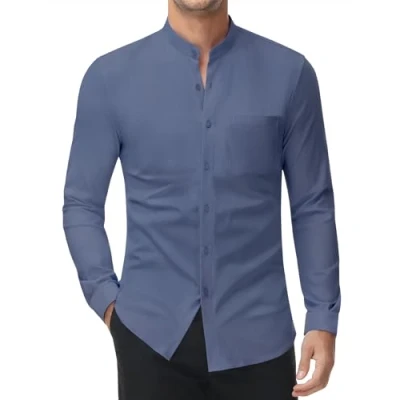 Imagen de DEMEANOR camisa elástica sin cuello para hombre, manga larga, de negocios, ajustada, planchado, alto, azul, XXXL