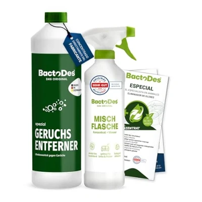 Imagen de BactoDes Neutralizador de olores especial 1L concentrado con botella mezcladora en spray Limpiador enzimático universal efecto biomicrobiano Eliminador todo tipo