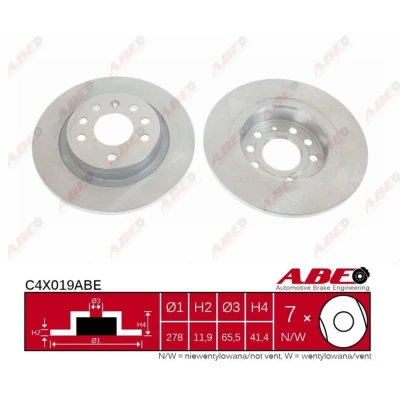 Imagen de ABE C4X019ABE Disco de freno Eje trasero 278 12 7 macizo con tornillos OPEL: Vectra C Berlina, CC, Caravan, SAAB: 9 3 Berlina