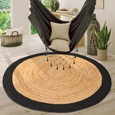Imagen de Paco Home Alfombra Redonda Salón Yute Boho Motivo Étnico Moderno Hecha A Mano Natural, tamaño:Ø 120 cm Redon, Color:Negro