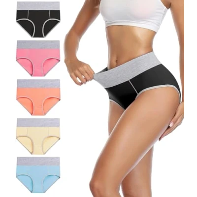 Imagen de wirarpa Bragas Talle Alto Algodón para Mujer Culotte Braguita de Cintura Alta Cómodo 5 Pack Multicolor Tamaño S