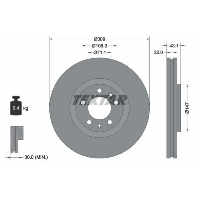 Imagen de TEXTAR 92111900 Disco de freno 309 32 05/07 108 ventilación interna sin perno sujeción rueda, buje rueda PEUGEOT: 607 Berlina