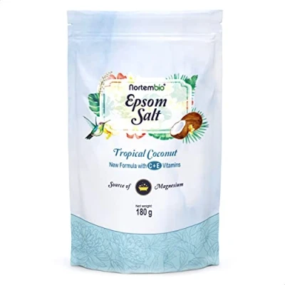 Imagen de Nortembio Sal de Epsom 180 g. Fragancia Coco Tropical. Baño Hidratada con Vitamina C y E. Relajación Músculos, Aromaterapia Buen Sueño. E Book Incluido.