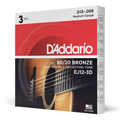 Imagen de D&#039;Addario Guitar Strings Acoustic 80/20 Bronze For 6 String Deep, Bright, Projecting Tone EJ12 3D Medium, 13 56 3 Pack