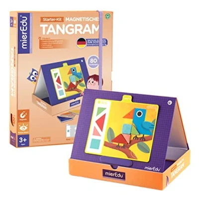 Imagen de mierEdu Tangram Puzzle, Magnetico Infantil, Juegos Educativos Niños, Juguetes Montessori Rompecabezas con 80 Formas Geométricas y 7 Desafíos de Nivel, Regalo para Niños 3+ Años (Solo)
