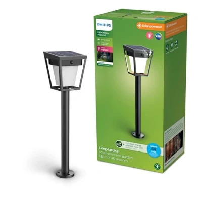 Imagen de Philips Nissa Pedestal para exterior solar con sensor de movimiento UltraEficiente, 3000K, 250/25lm, Negro