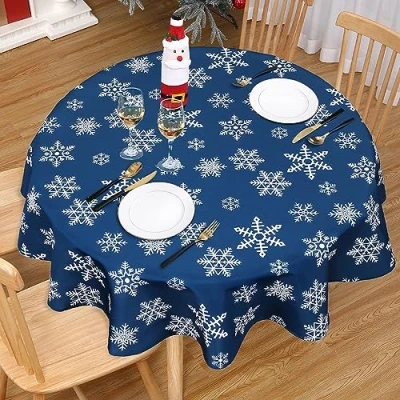 Imagen de CAROMIO mantel de Navidad copo nieve azul, impermeable, lavable, poliéster para decoración comedor festivo Navidad, 60 pulgadas, redondo