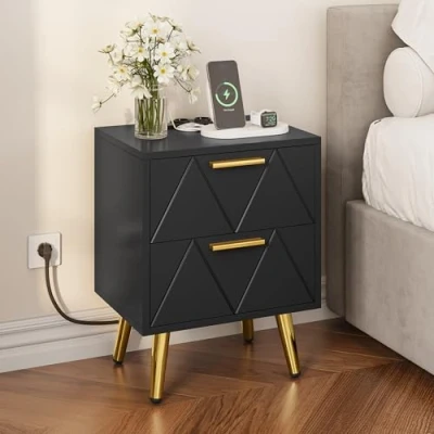 Imagen de YITAHOME Mesita de Noche con 2 Cajones, Puertos USB y Tomas Corriente, Mesa Auxiliar Patas Asas Metal Dorado, para Salón, Dormitorio, 40 x 30 52 cm, Blanco
