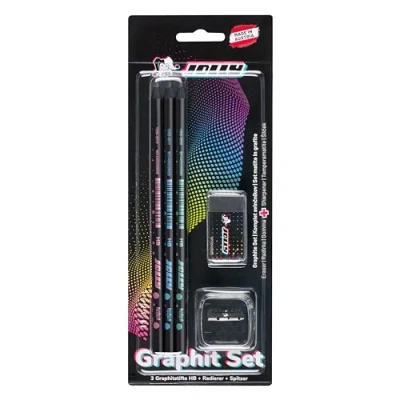 Imagen de JOLLY Next Generation Graphite Set 3 lápices de grafito HB madera negra, forma redonda con diseño discreto incl. goma borrar negra y sacapuntas