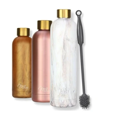 Imagen de Milu botella de agua 500, 750, 1000ml térmica acero inoxidable aislada a prueba fugas, doble pared, para bebidas carbonatadas, incluye cepillo limpieza (Marmo rosa, 1000ml)