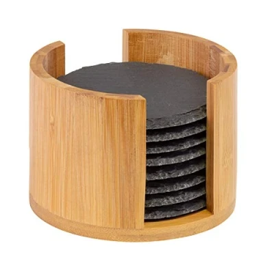 Imagen de Westmark 8 Posavasos de Pizarra natural en caja bambú, Redondos, Con protección contra arañazos, ø 10 cm, / Tapas + Friends, Antracita marrón claro, 69212260